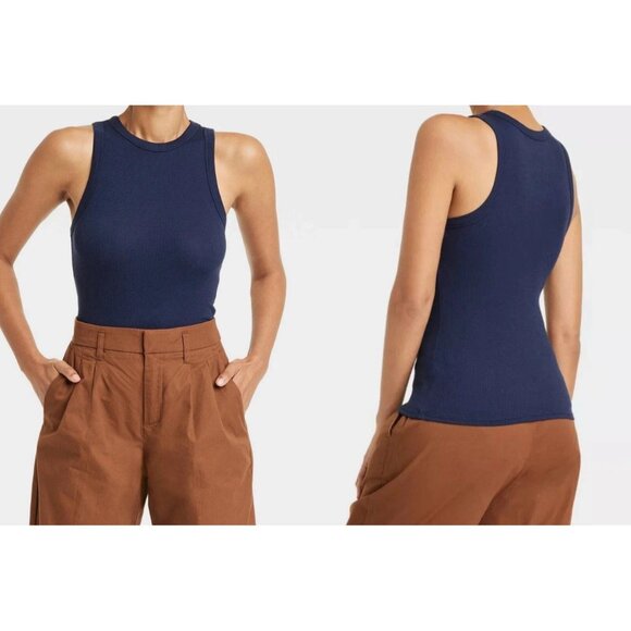 Womens Slim Fit Ribbed High Neck Tank Top - A New Day - Navy Blue Size S - Picture 1 of 8